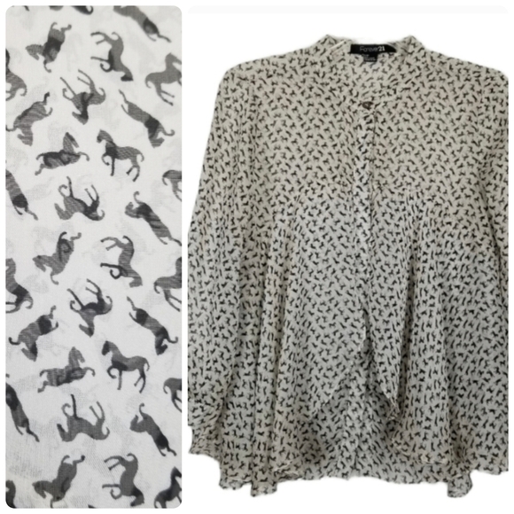 Forever 21 Horse Print Blouse Button Ruffle Cream Black Flowy Layer Size Small - Picture 1 of 12